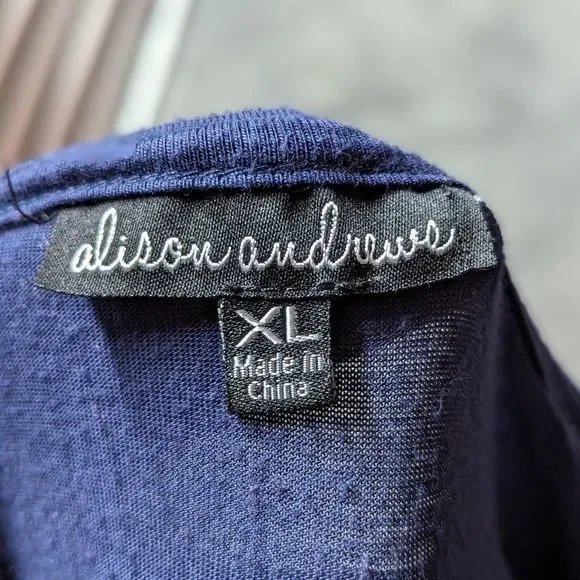 Alison Andrews XL Soft Navy Blue Long Sleeve Shirt w Metal Criss Cross Shoulder - Picture 6 of 7